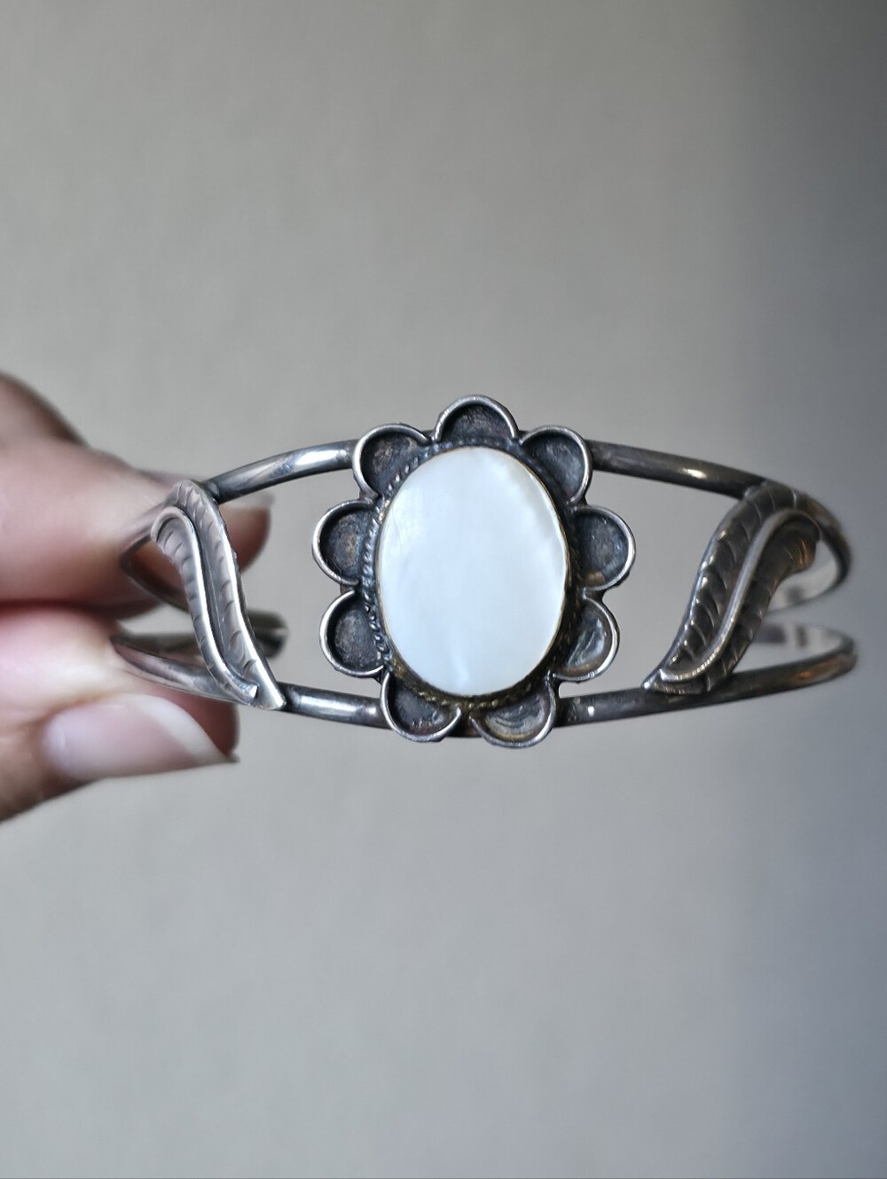 Sterling Silver Flower Cuff Bracelet with White Mother of Pearl